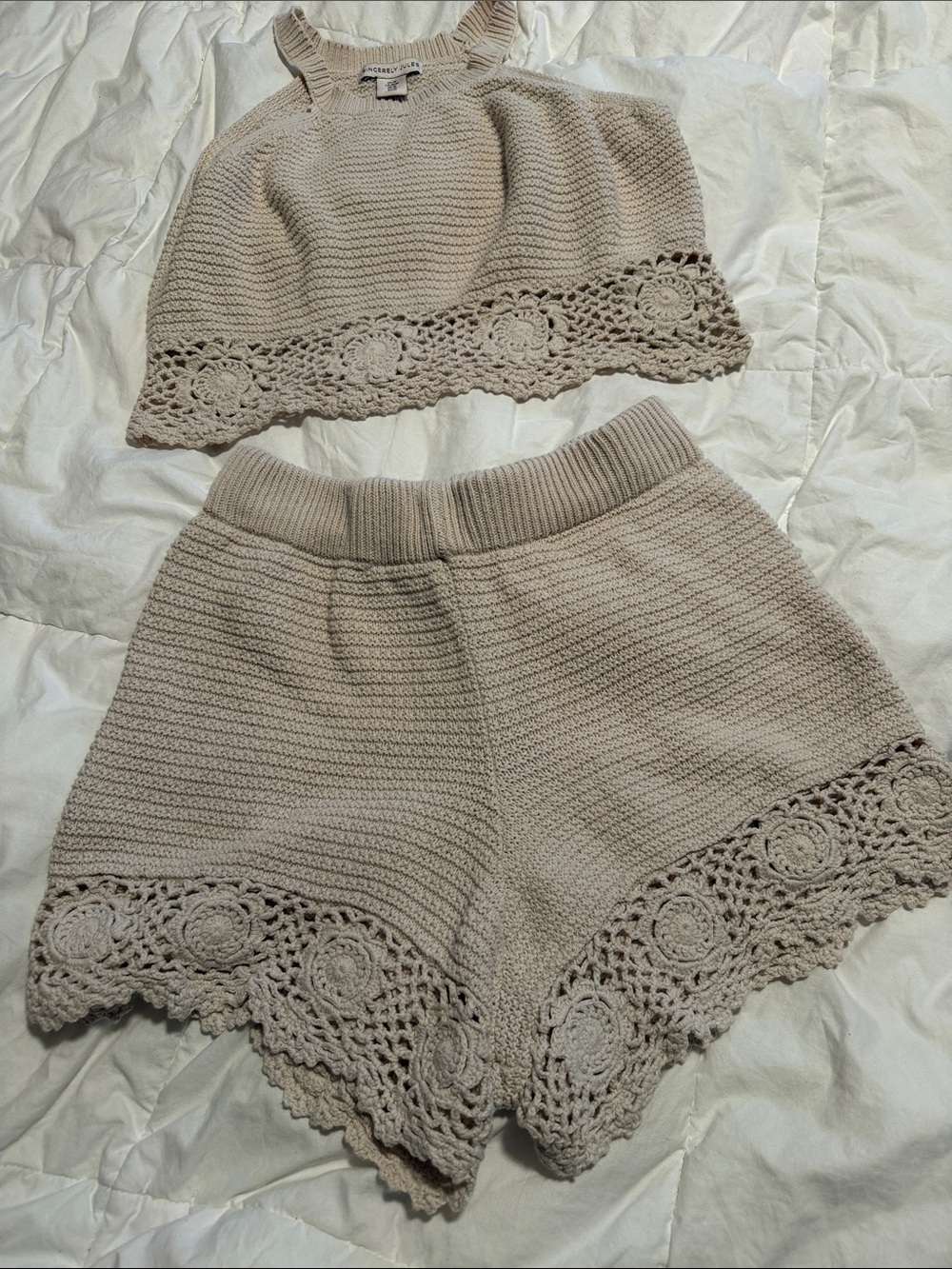 Sincerely Jules Beige Crochet-Trim High Waist Knit Shorts and Tank